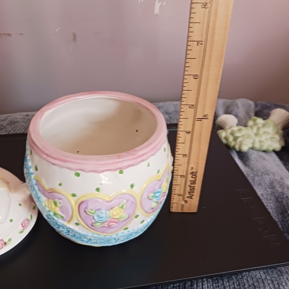 Ceramic Bunny Cookie Jar With Floral & Heart Details Pastel Colors Spring/Easter - Picture 6 of 6